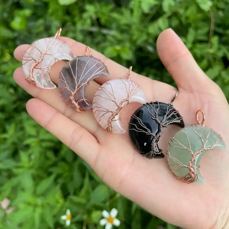 Trending Tree Of Life Crescent Moon Pendant /Gemstone Moon Crescent Wire Wrapped Pendant/6 Kinds of Healing Stone Crystal Gift