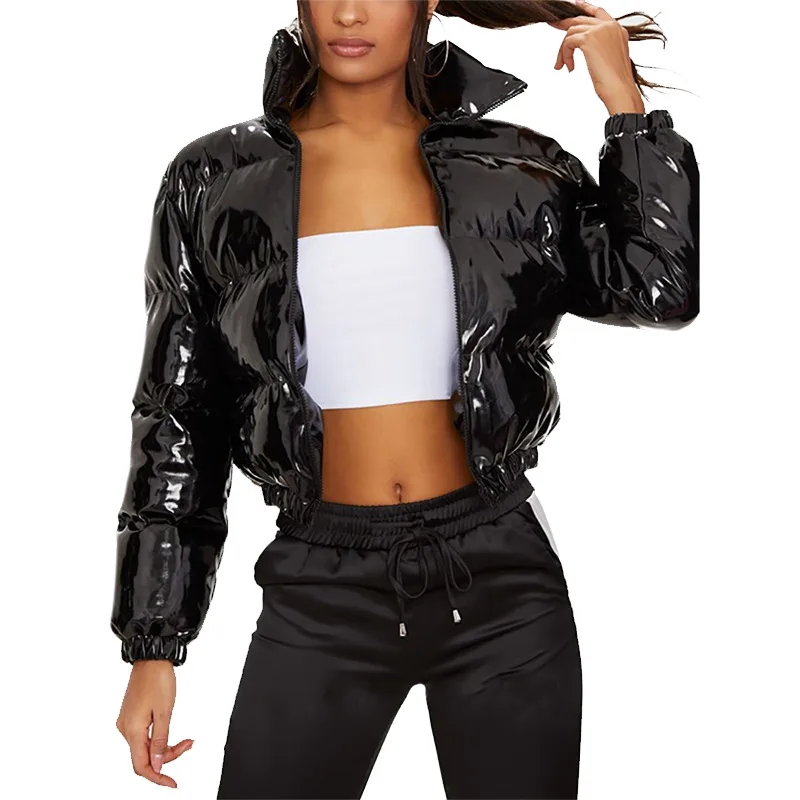 Новинка оптовая продажа зимнее хлопковое блестящее укороченное Женское пузырьковое пальто с длинным рукавом пуховая куртка