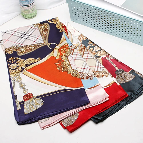 Wholesale polyester satin silk feeling 90x90 square printing women neck scarf custom