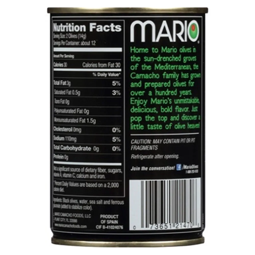 Mario Camacho 5.75oz Ripe Pitted Jumbo Black Olives Unmistakable, Delicious, Bold Flavor Gluten Free Black Olives
