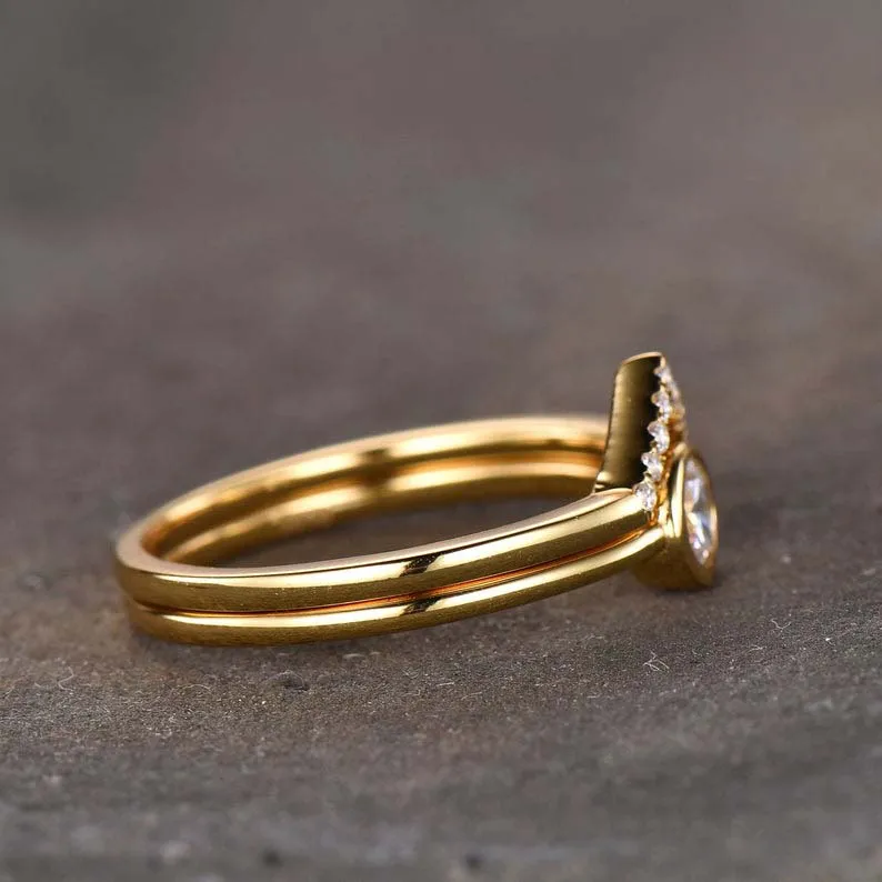 925 Sterling Silver Ring Set Minimalist Wedding Band Dainty Diamond Simulant Bridal Yellow Gold Plated Handmade Jewelry