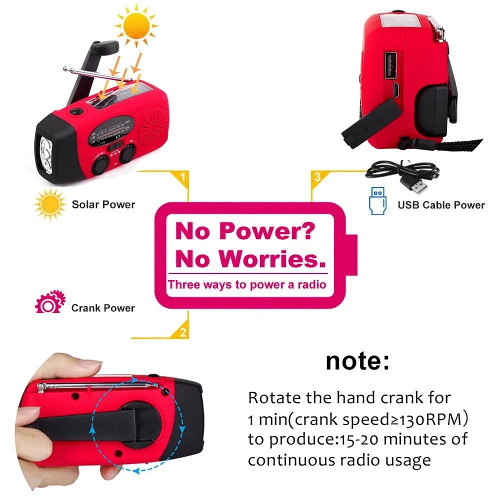 Built-in 2000mAh battery emergency weather radio portable solar hand crank radio with flashlight