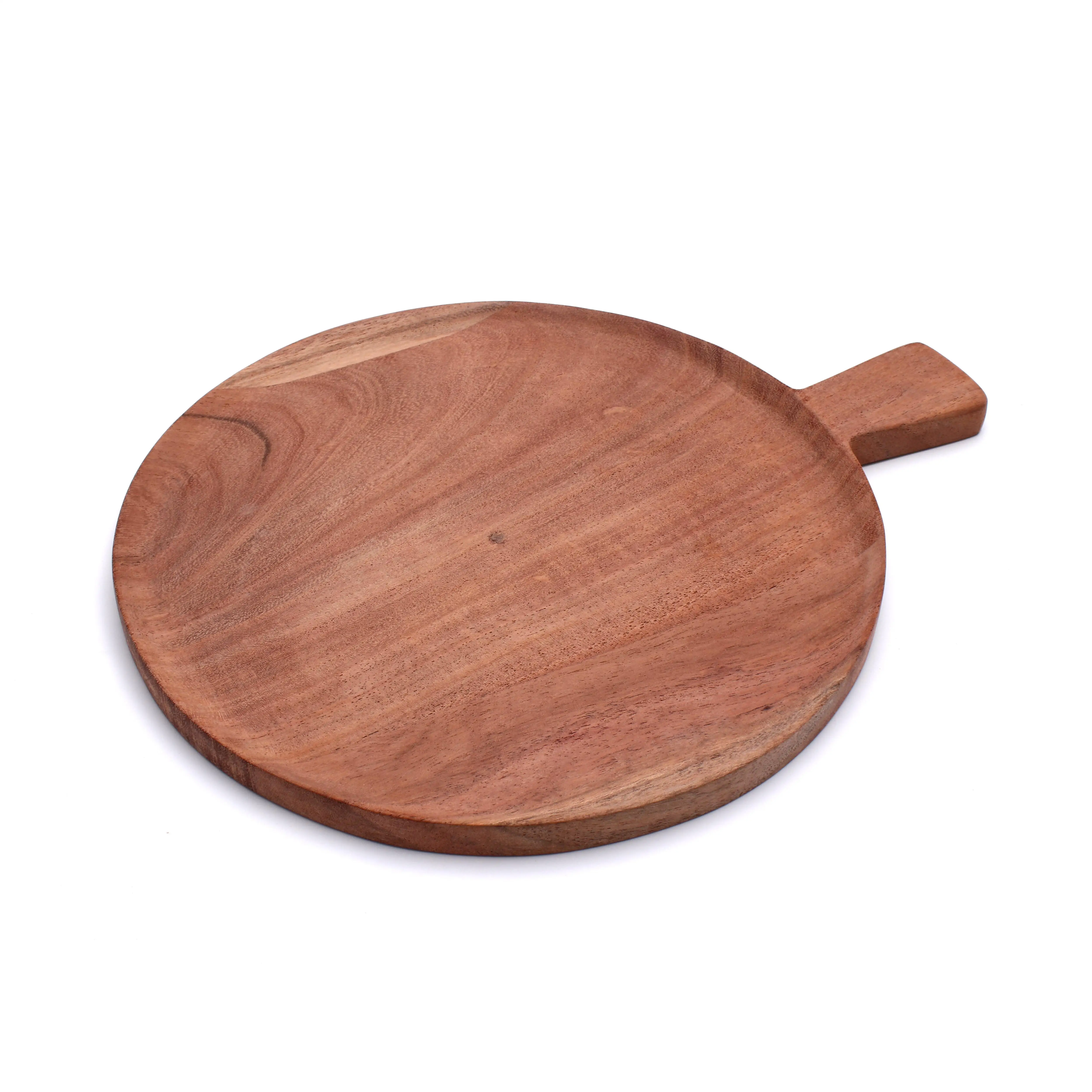 31 x 25 x 1.5 CM Natural Acacia Wood Pan Shape Snack Serving Plate Pizza Board with handle Multifunction Acacia Wooden Platter