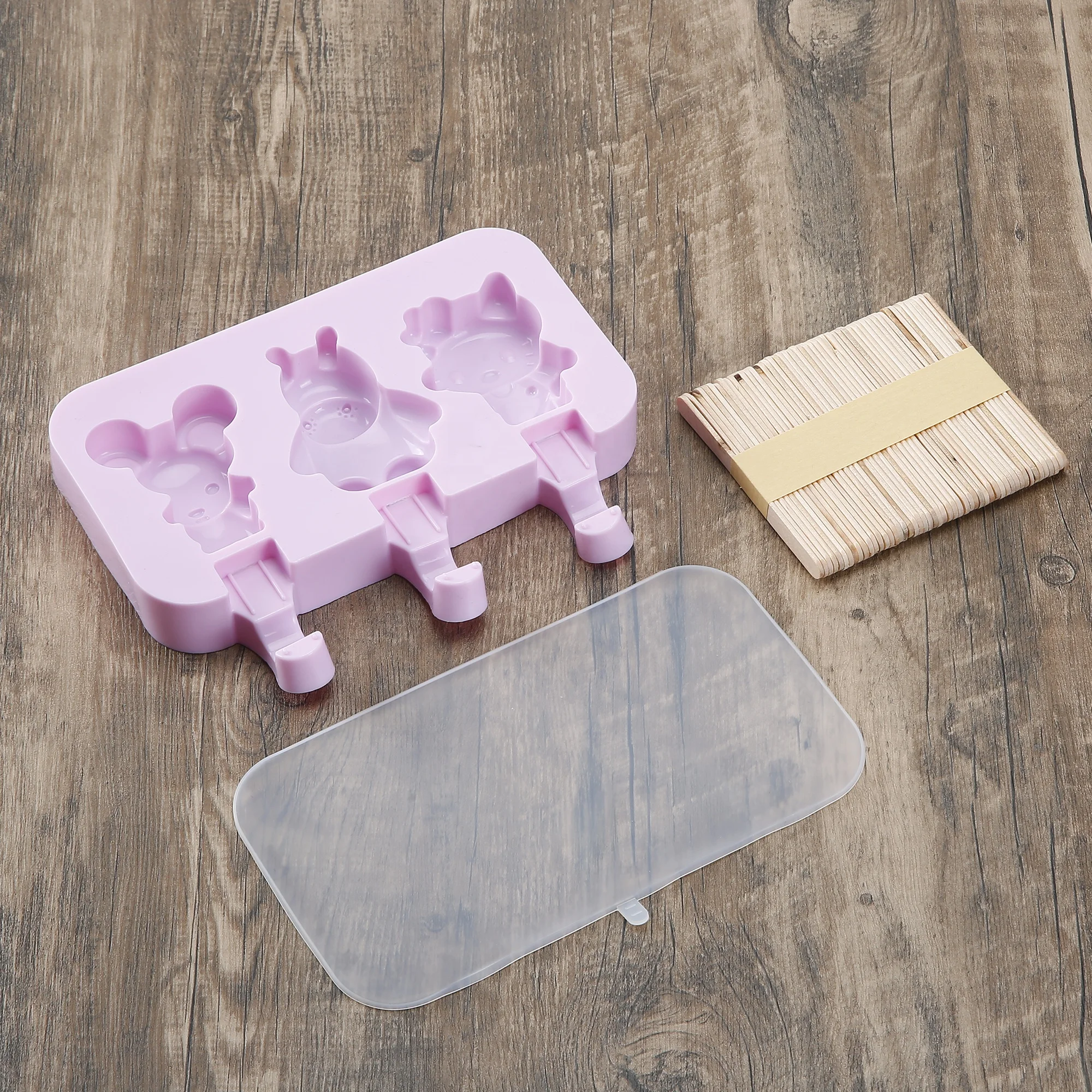 Splendid 3 Cavities Homemade Bear Shaped Silicone Popsicle Ice Lolly Molds with 50 Wooden Sticks