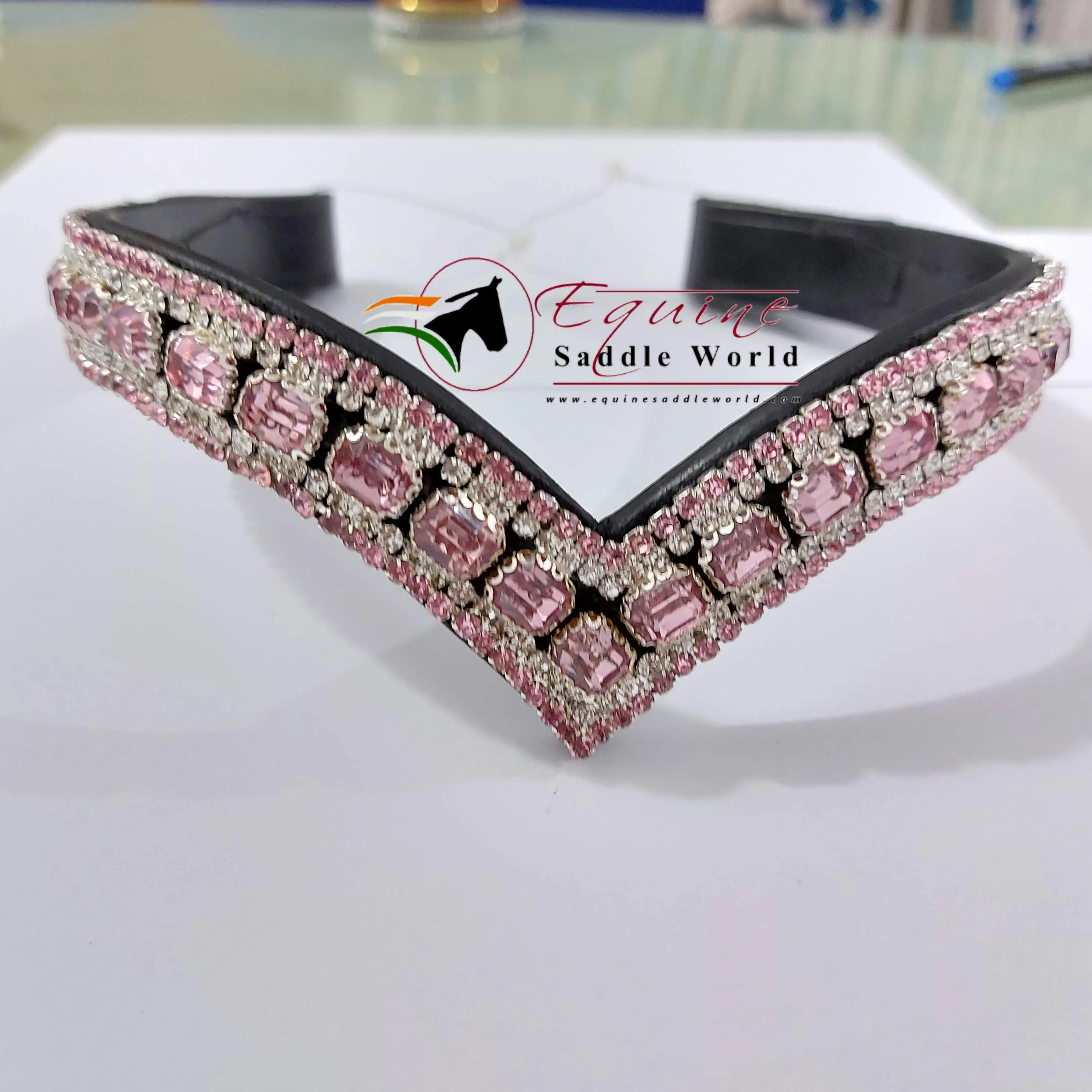 TRENDY HORSE V SHAPE BROW BAND PINK CRYSTALS AFFORDABLE LUXURY EQUESTRIAN PRODUCT WITH SNAP BUTTON LOOP.
