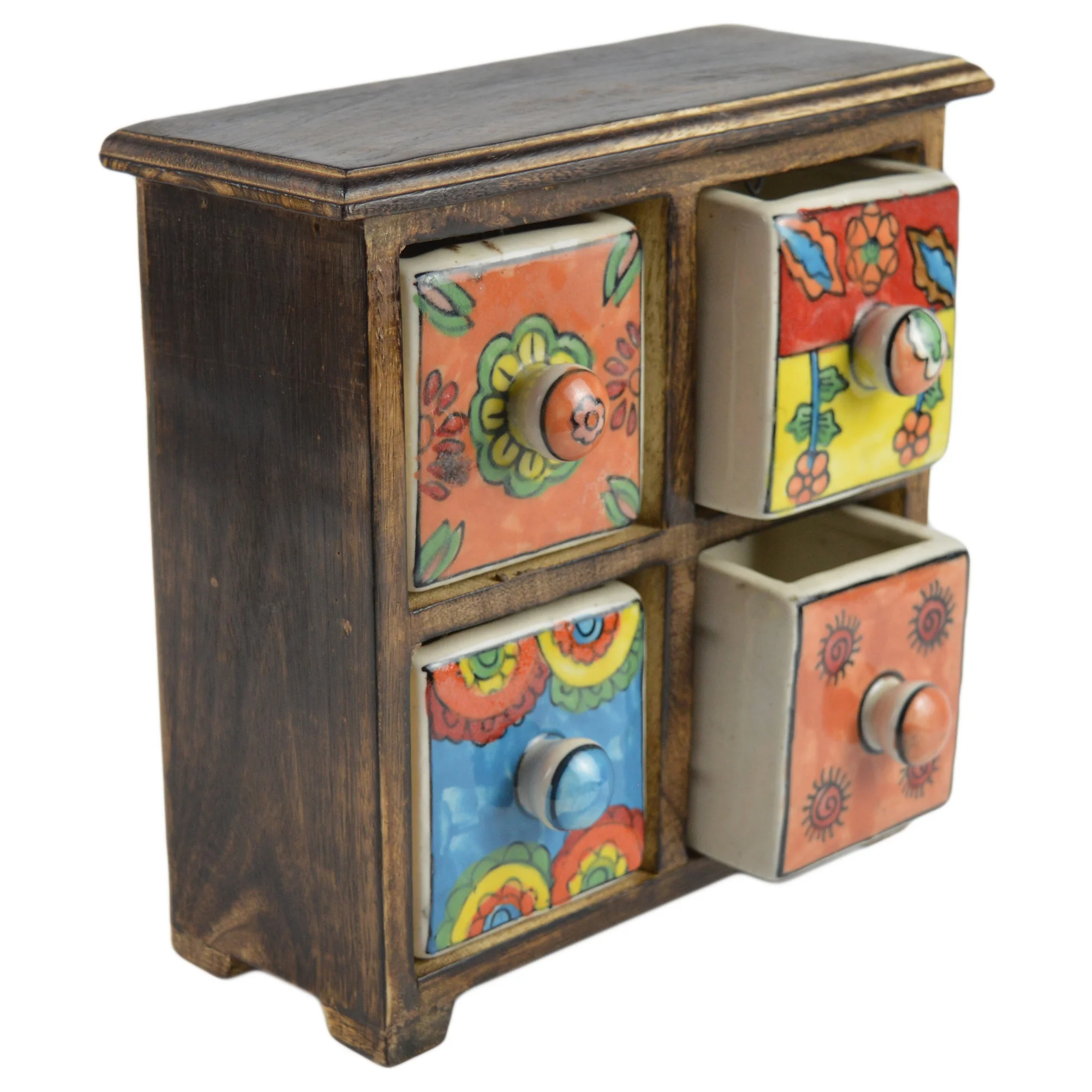 Colorful Wooden Rack With 6 Ceramic Drawer Spice Rack Apothecary Spice Box Colored Mango Wood Chest Ceramic Storage Jewelry Box