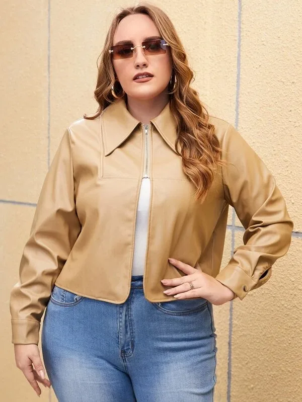 Fashionable Plus Woman Stylish High Quality Customized Front Zip Full Sleeved Solid Beige Leather Jacket For Woman