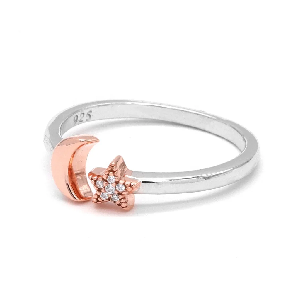925 Sterling Silver Rhodium Rose Gold Plated Plain Star and Moon Crystal Wedding Open Ring Jewelry for Women