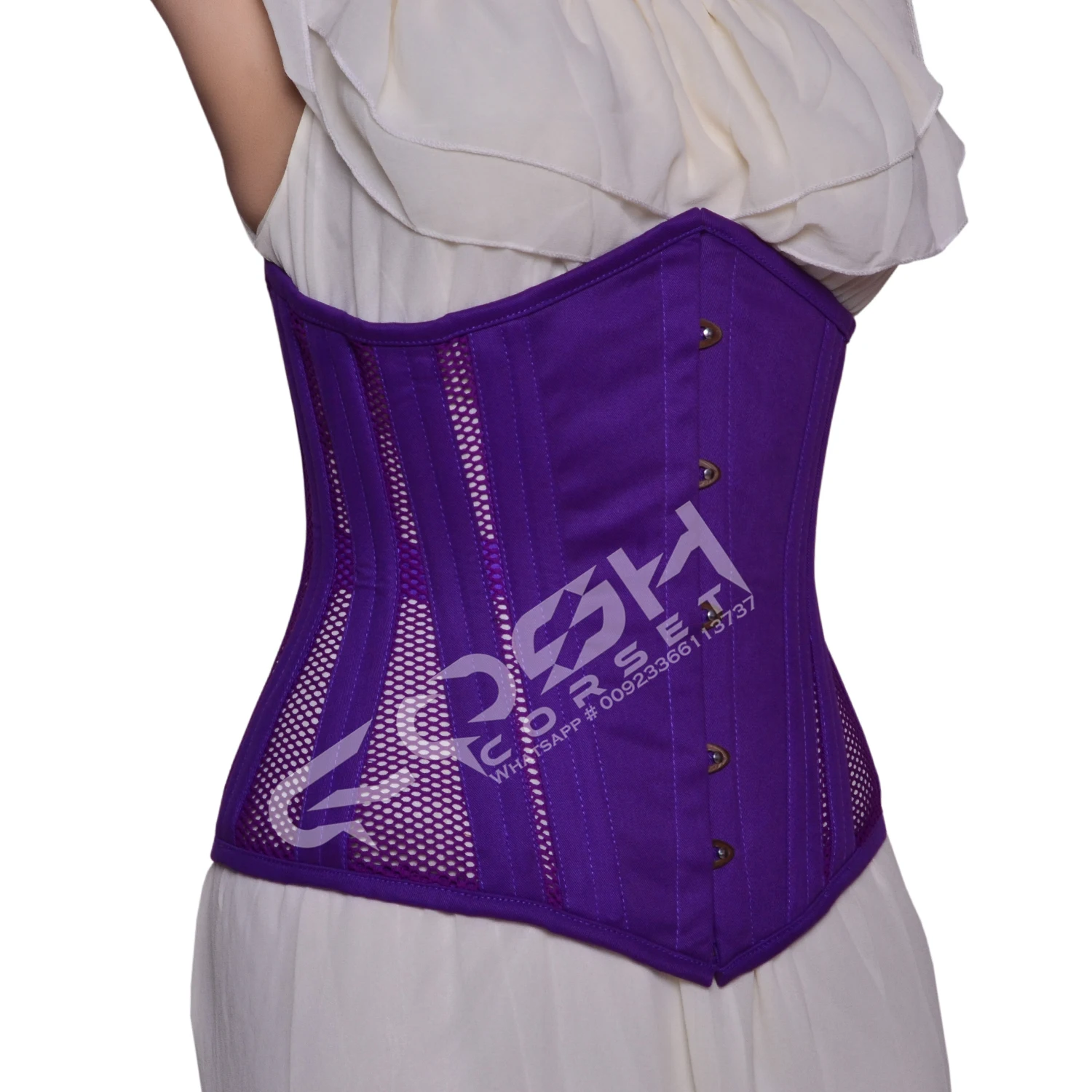 Party Wear Steel Boned Plain Purple Mesh And Cotton Under Bust With Extreme Curvy Shape, Waist Slimming Casual Wear Hourglass