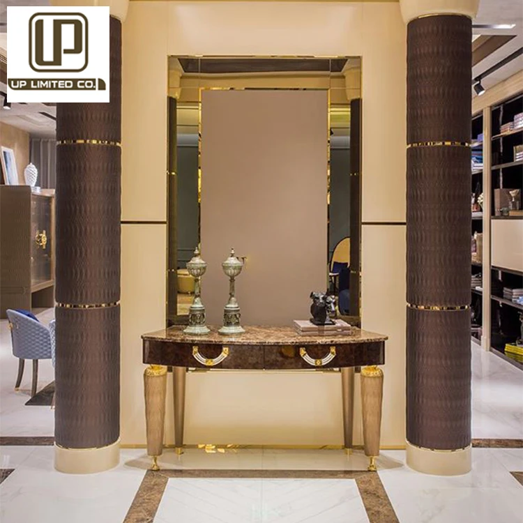 2022 Branded Living Room Design Golden Stainless steel Console Table Real Leather Cover Wall  Console Table