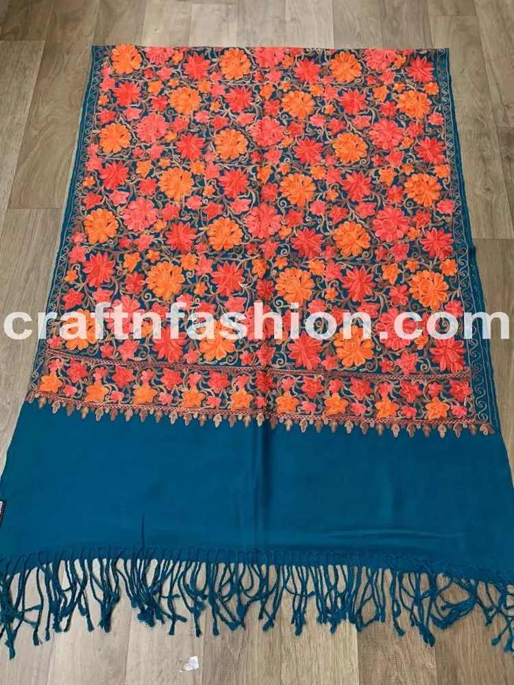 Pure Woolen Kashmiri Stole - Kashmiri Handwork Dupatta - Multicolored Scarf/Shawl/Neck Wrap - Floral Design Embroidered Stole