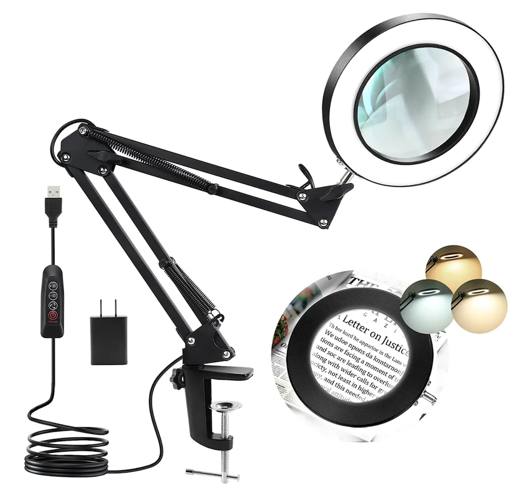5X Magnifying Glass with Light Real Glass Lens Desk Lamp & Clamp