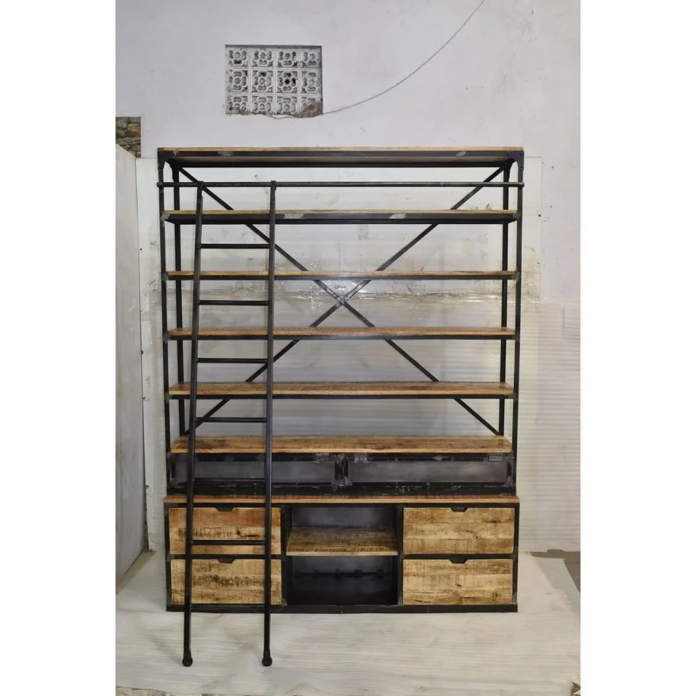 Industrial Antique American Tall Wide Iron Wooden Display Library School Collage Home Living Room BookShelf