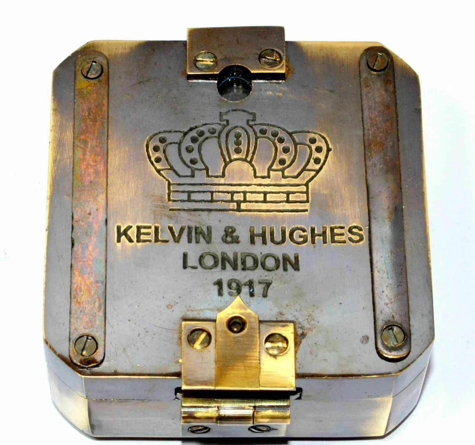SOLID BRASS KELVIN & HUGHES 1917 BRUNTON COMPASS ANTIQUE VINTAGE COMPASS BROWN ANTIQUE FINISH KELVIN & HUGES BRASS COMPASS