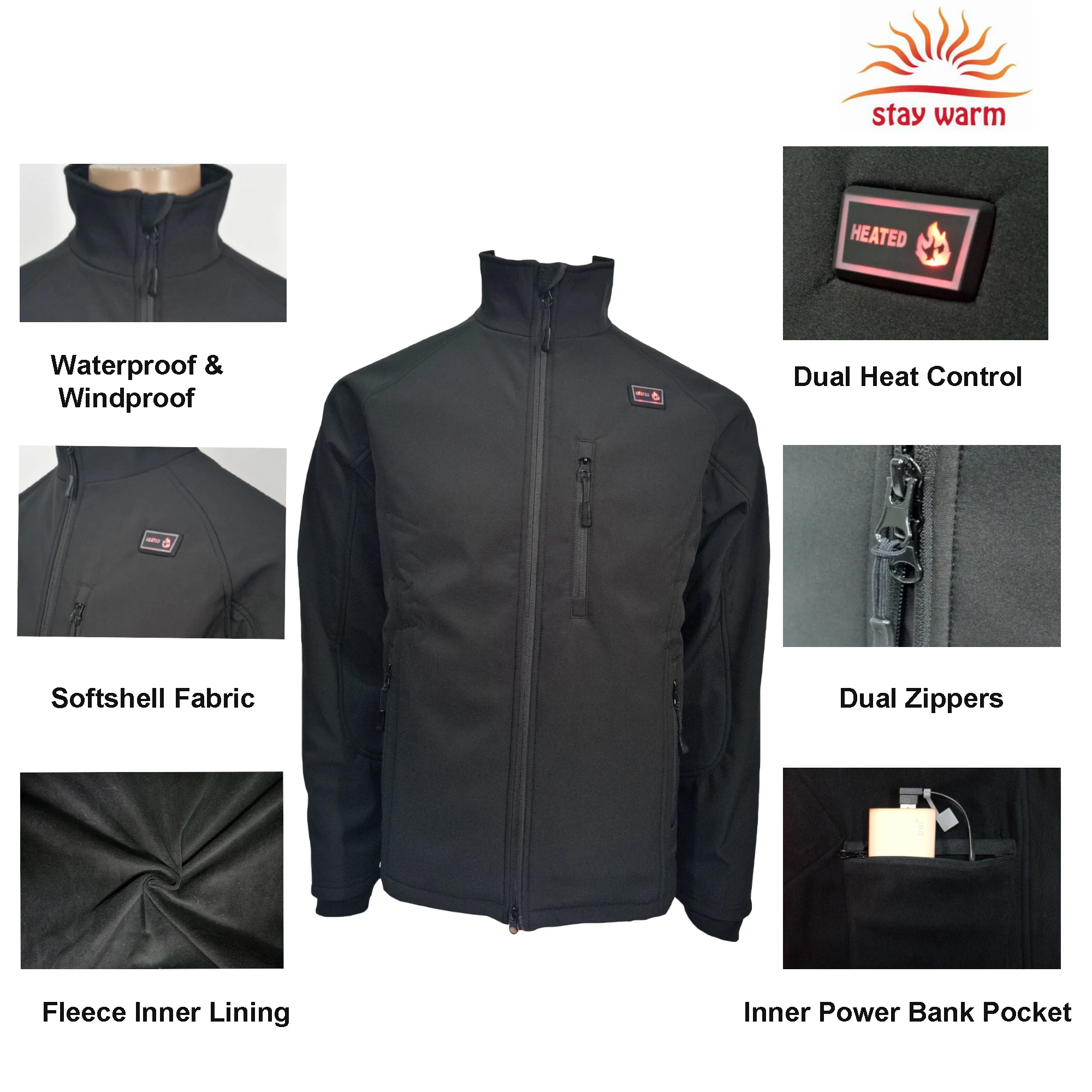 water and wind resistant classic soft shell 5v usb heated jacket with carbon fiber heating pads