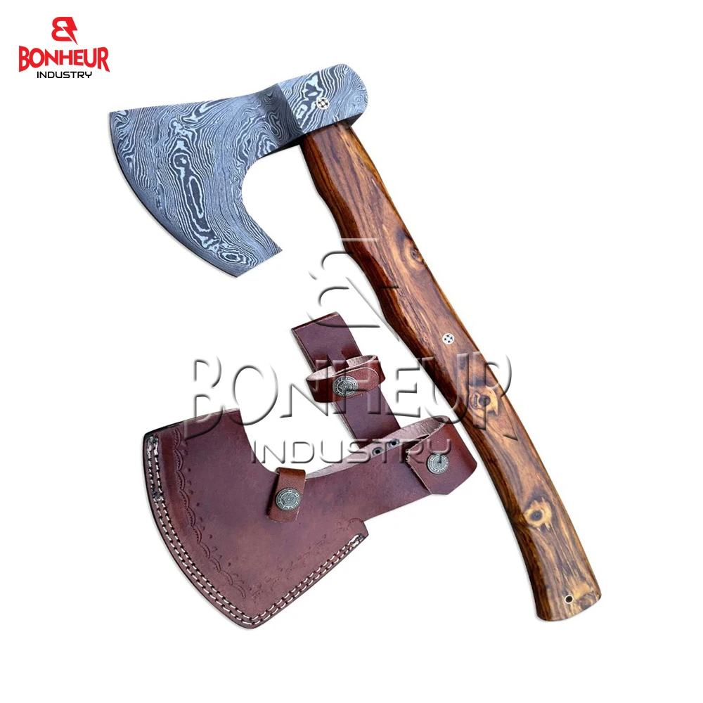 High Quality Hand Forged New Damascus Steel Viking Bearded Axe 14 Inch Wooden Handle