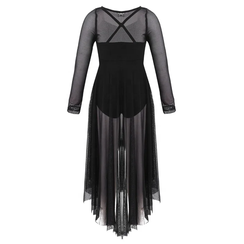 Kids Girls Mesh Long Sleeve High-low Hem Dress Celebration Spirit Praise Lyrical Dance Stage