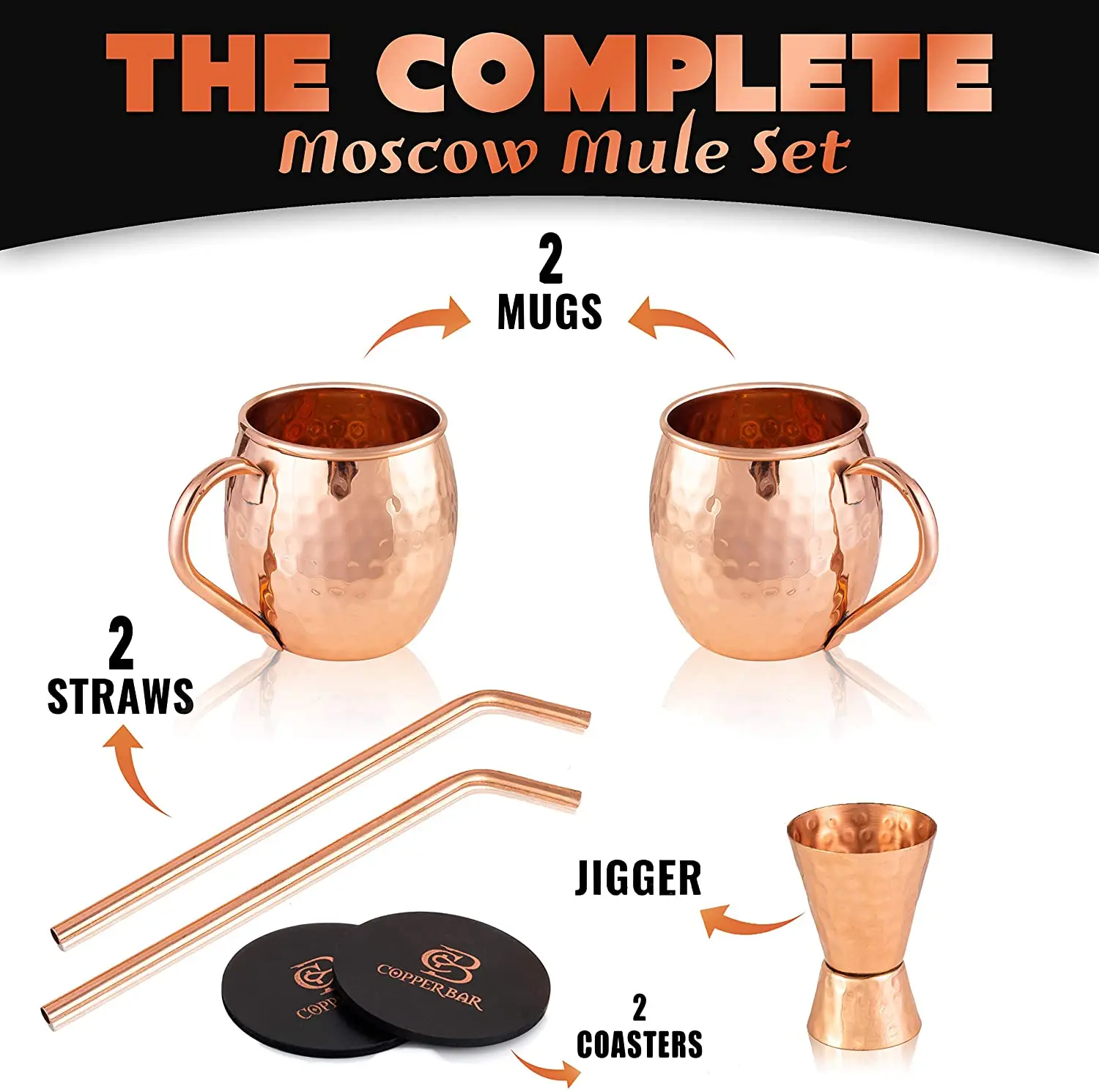 Moscow Mule Copper Mugs  Set of 2 - 100%  Pure Solid Copper Mugs 16 oz Gift Set with Highest Quality Cocktail Copper Straws
