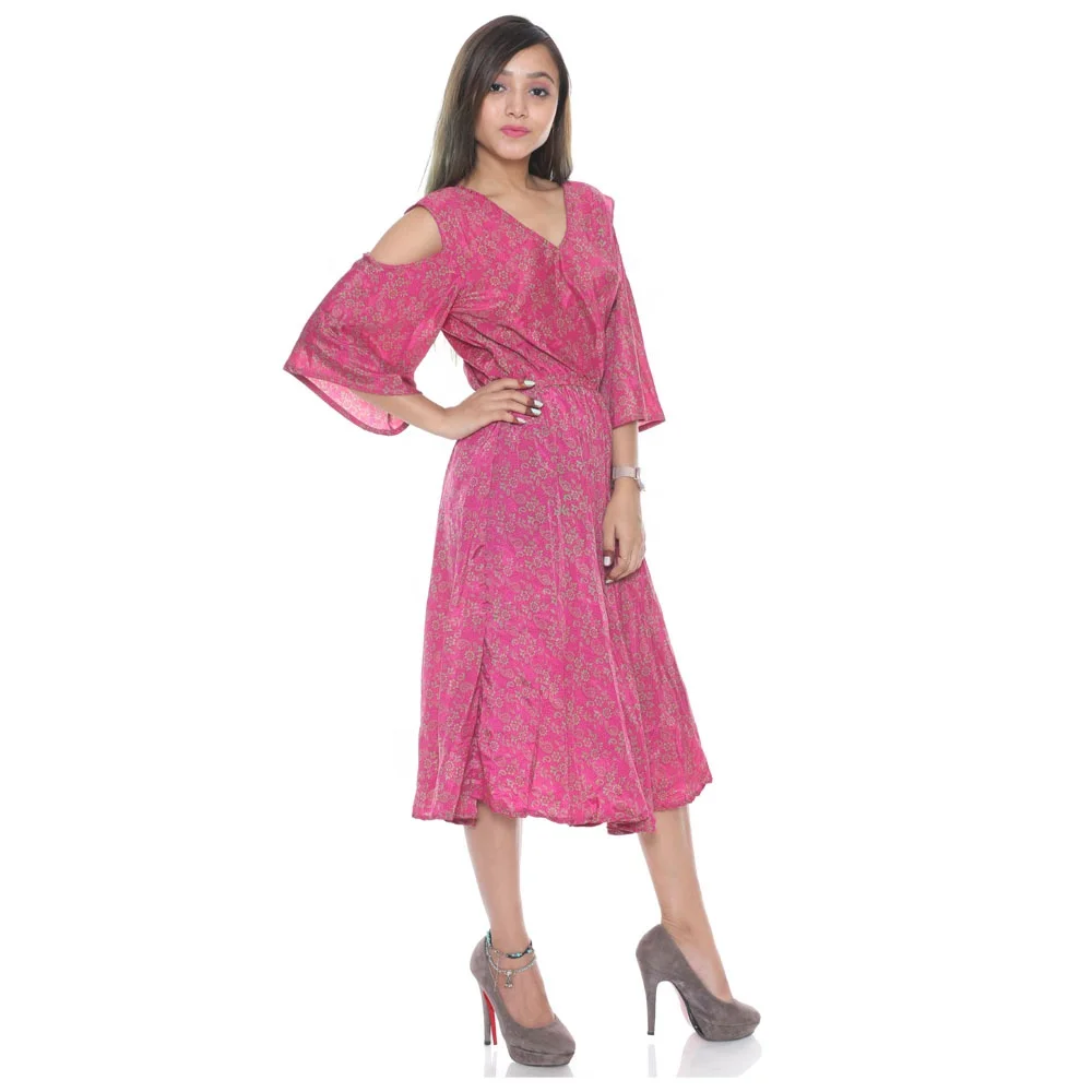 Vintage Art Silk Sari Fabric Made Long Dress Handmade Boho Style Beach Women Dress