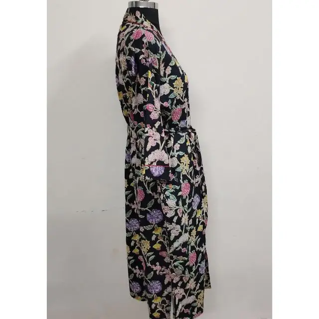 Black Floral Printed Cotton Kimono Sexy Bathrobe Indian Cotton Long Night Suit Summer Wear poncho Maxi Dress