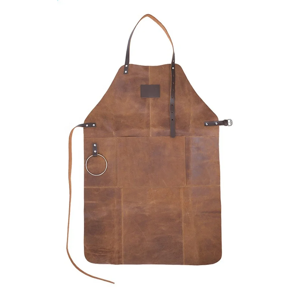 Adjustable Leather Aprons with Pockets in Genuine leather yellow color with Custom Logo low MOQ Apron for Workshop & Restaurant