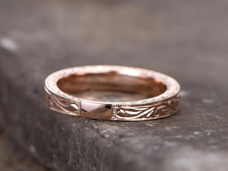 Vintage Filigree Wedding Band Stacking Ring Milgrain Floral Design Rose Gold Plated Sterling Silver Anniversary
