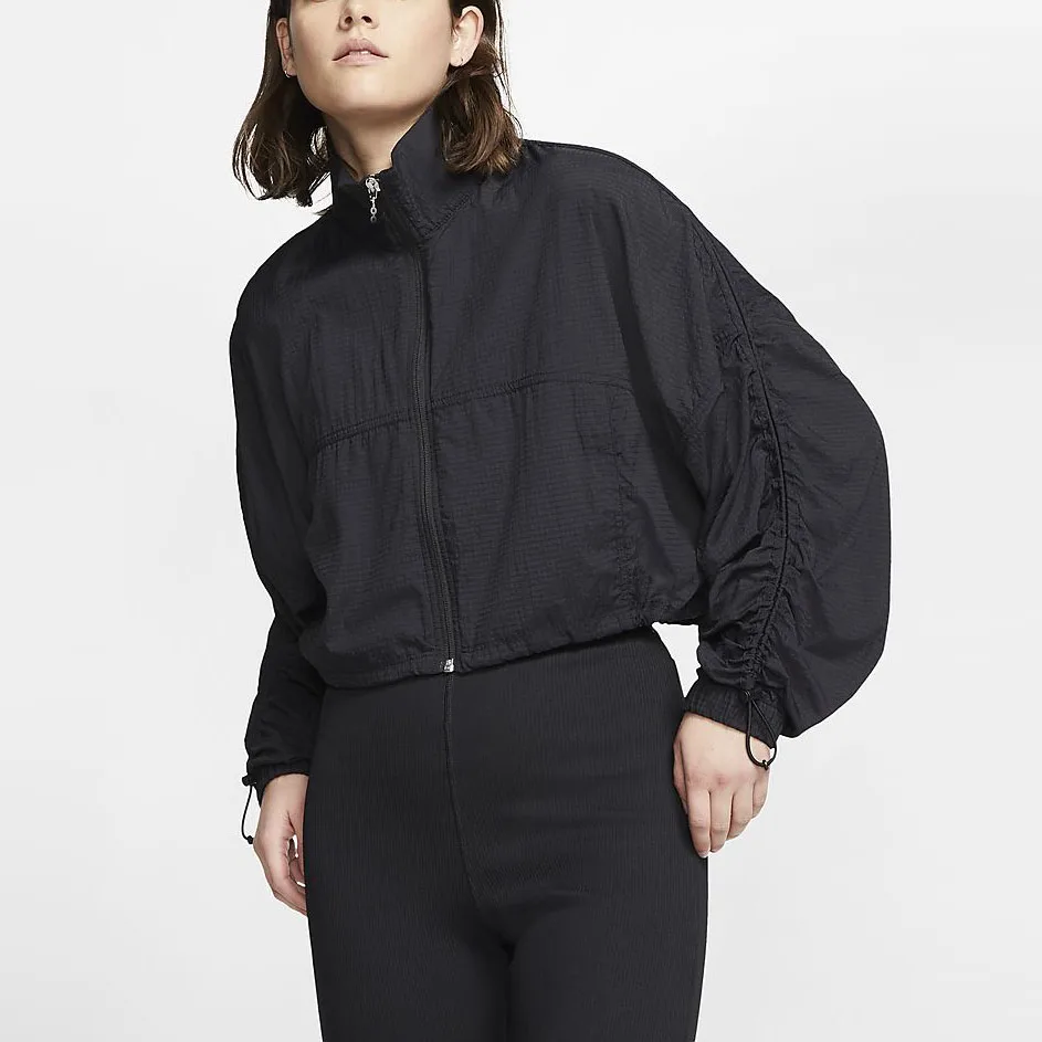 
Custom lightweight nylon windbreaker bungee sleeve cropped spring outdoor women sports jacket streetwear 