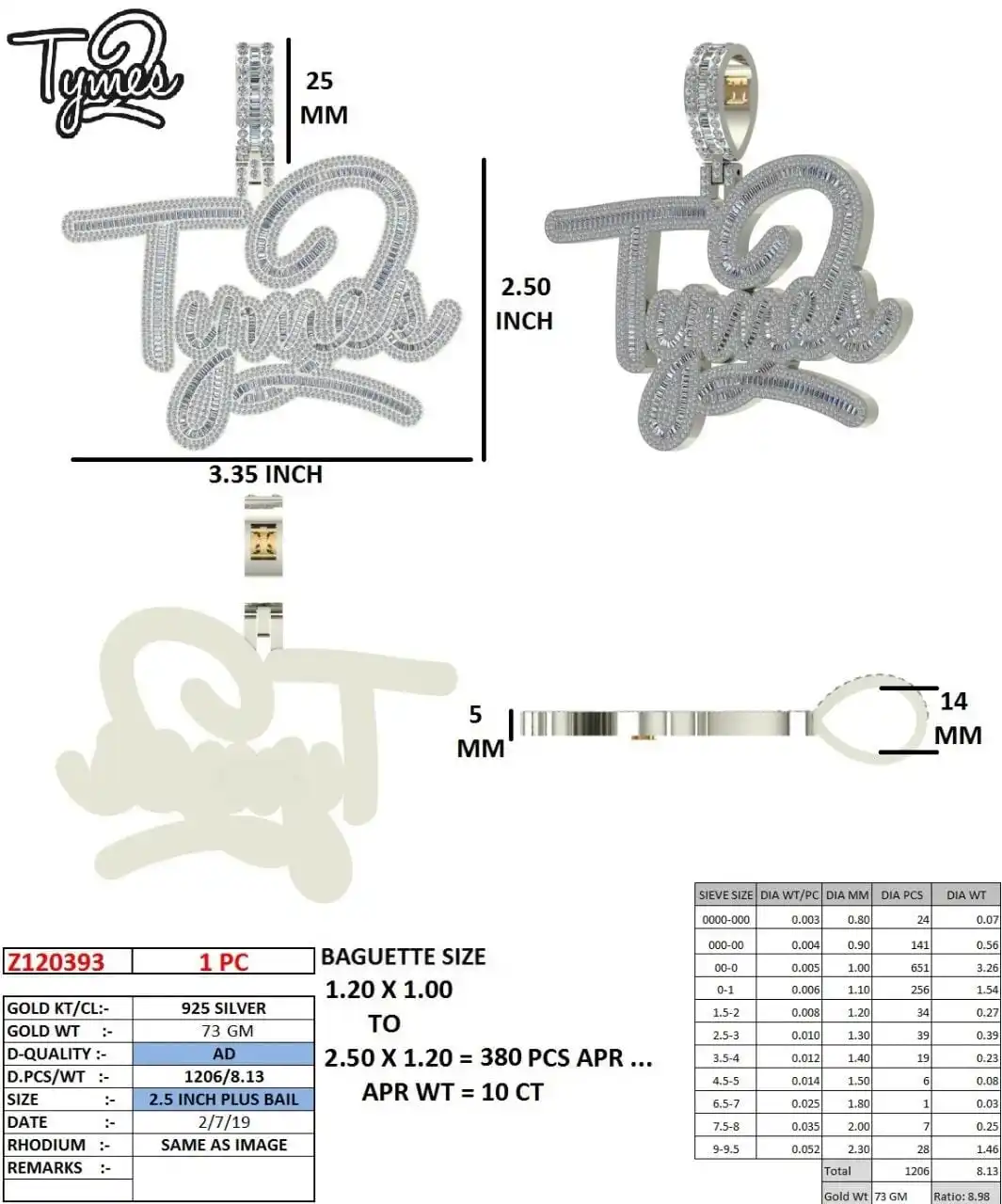 73 grams and 925 silver with lab grown diamonds custom pendant