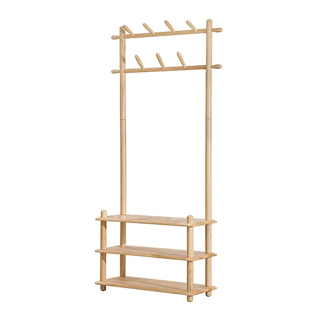 High Standard Super Stable Multipurpose Solid Wood Coat Rack with 2 Layer Clothes Hanger with Shelves Portable Wardrobe