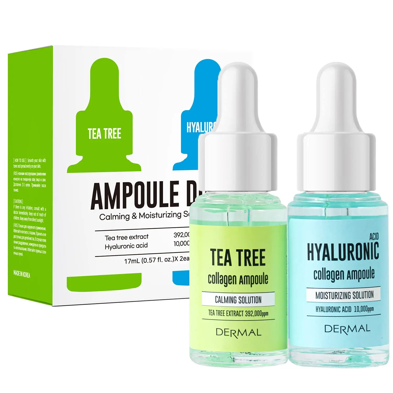 Dermal Korea Ampoule Tea Tree и сыворотка с гиалуроновой кислотой 17 мл * 2/футляр для успокаивания увлажнения чувствительной