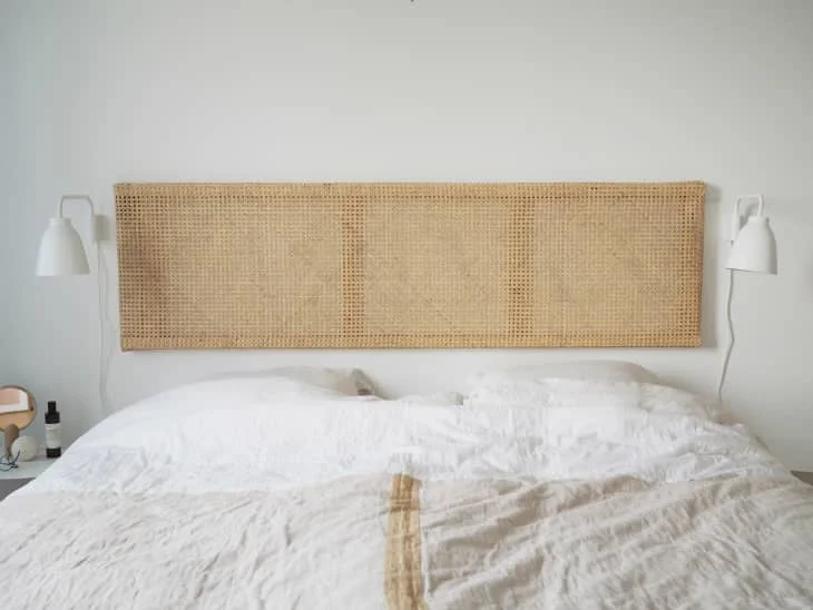 Vintage wooden headboard with rattan cane