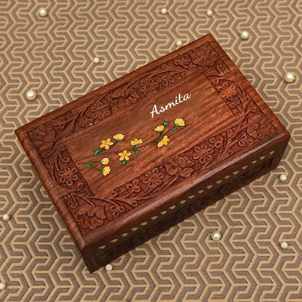 Flower Style Wooden Jewelry Box Handcrafted from Natural Wood