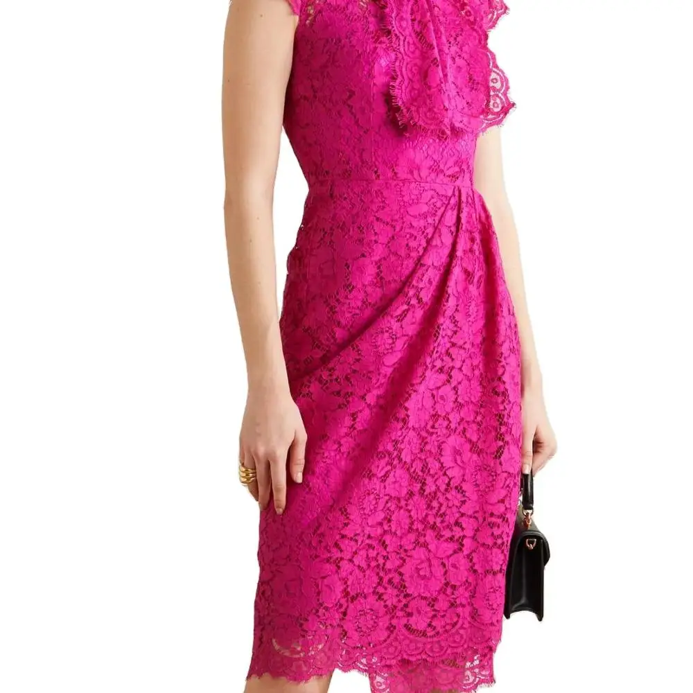 
Pink Cotton Lace Knitting Fabric, Knit Fabric, Garments, Dress, Top, 92% Cotton + 8% Nylon 