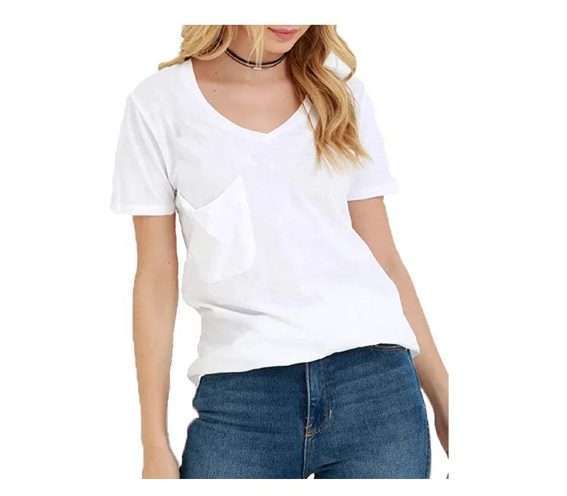 Breathable Cotton tee Oversized womens v neck short sleeve plain t shirt