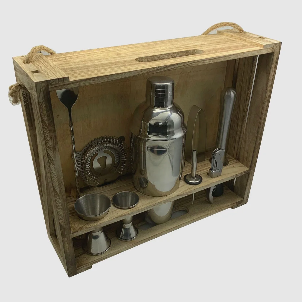 
Amazon Hot Sell Patent 11 pcs Home Bar Food Grade Rustic Wood Rack Stand Mixology Stainless Steel Cocktail Shaker set 