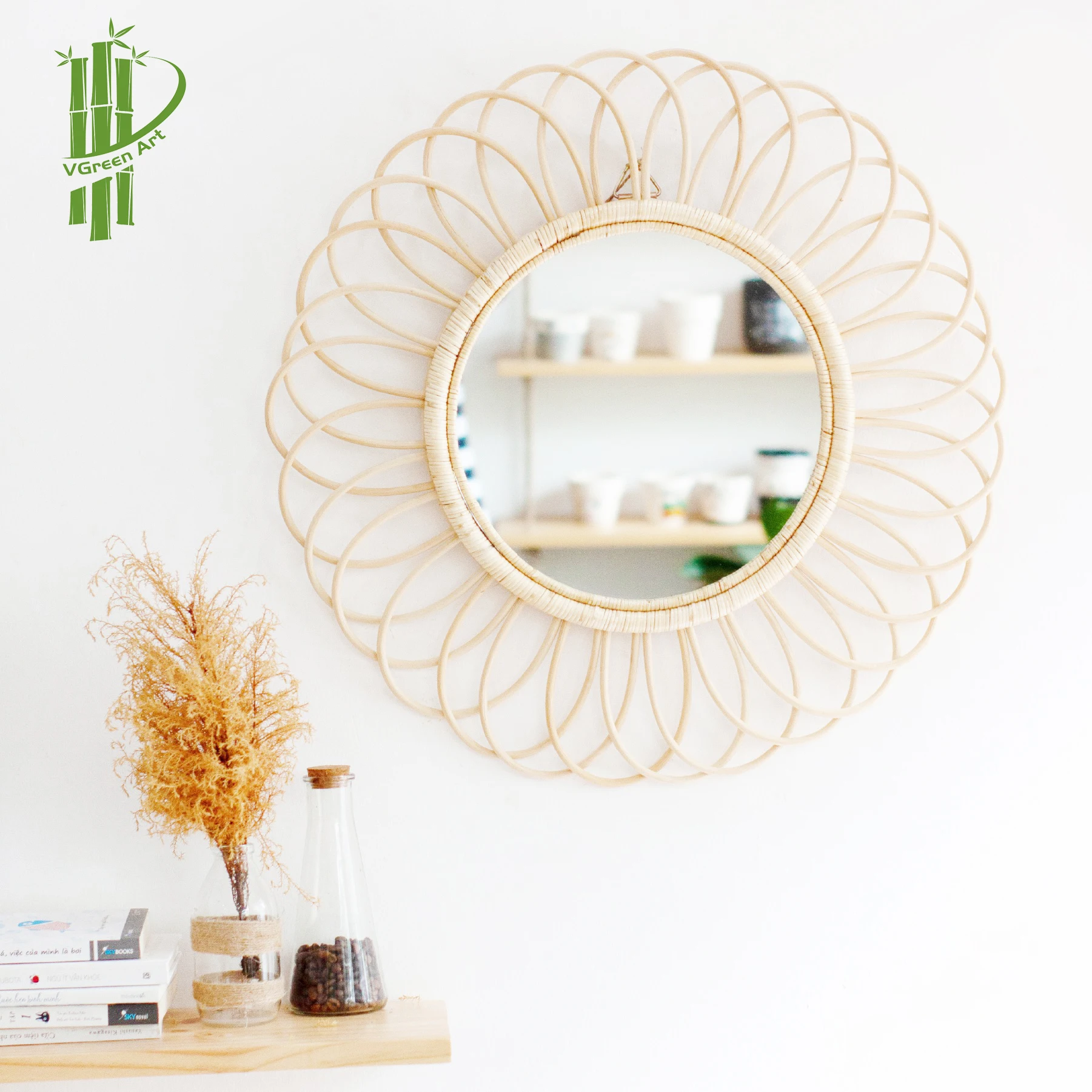 Wholesale Vanity Mirror Home Decor Flower Round Rattan Framed Mirror Decorative Wall Mirror for Home Hotel Restaurant Cafes