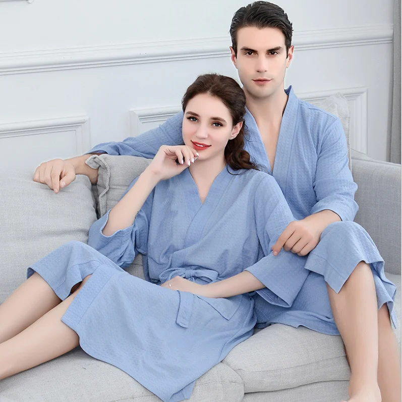 Sexy 100% Cotton Women Man Spa Bathrobe Waffle Hotel Bath Robes Cotton Pajamas Nightgown