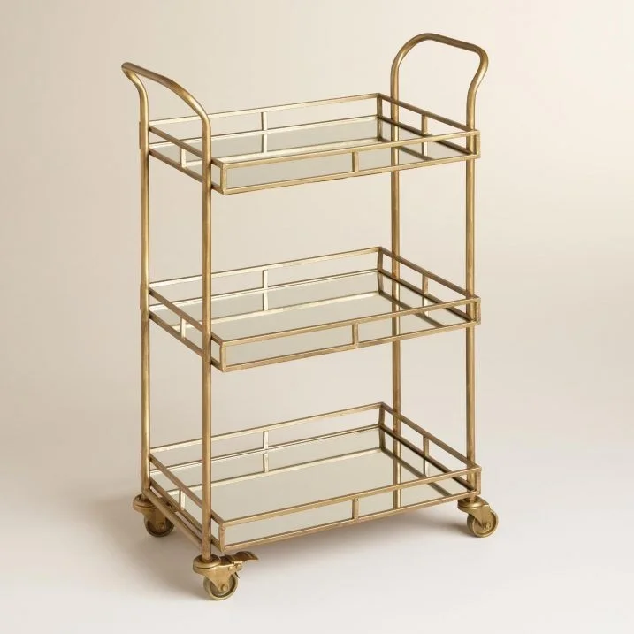Living Room Corner Side Iron & Glass Rose Gold Metal Beautiful Modern Metal Rolling Hand Wheeled Design Glass Bar Cart