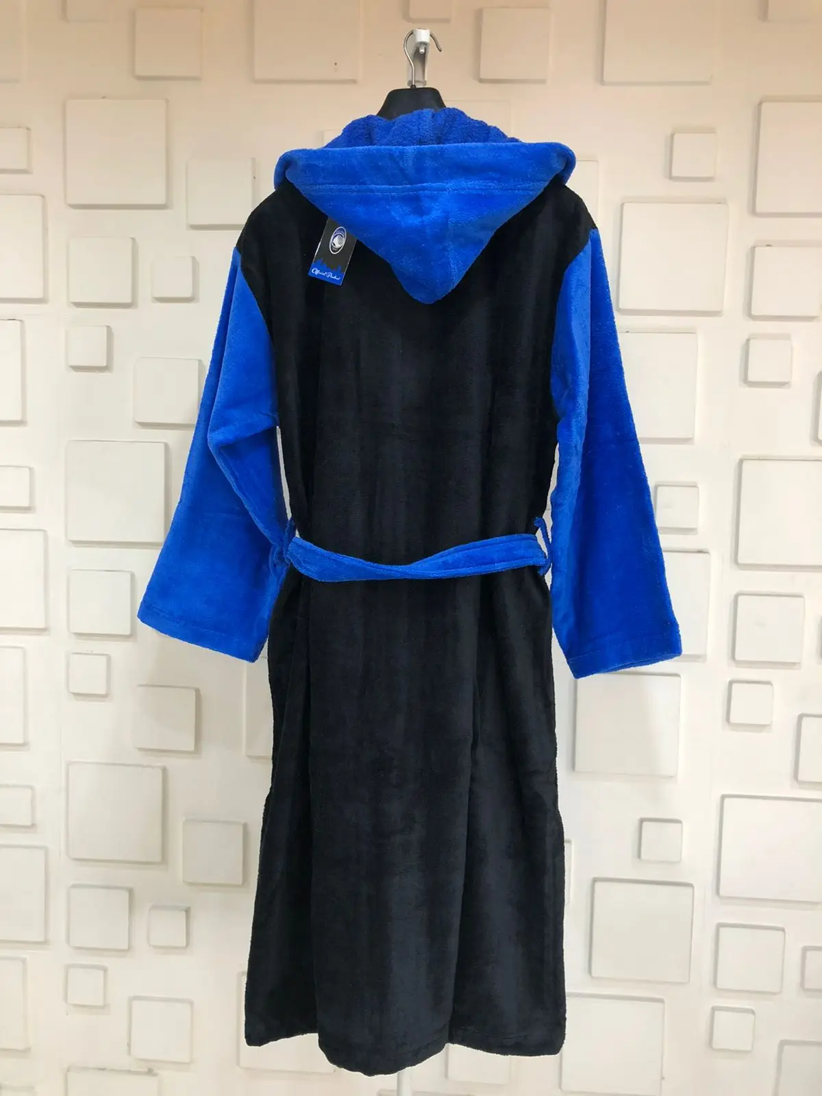 Jet Black and Blue Luxury Velour Hooded Towel 100% Cotton Bathrobe