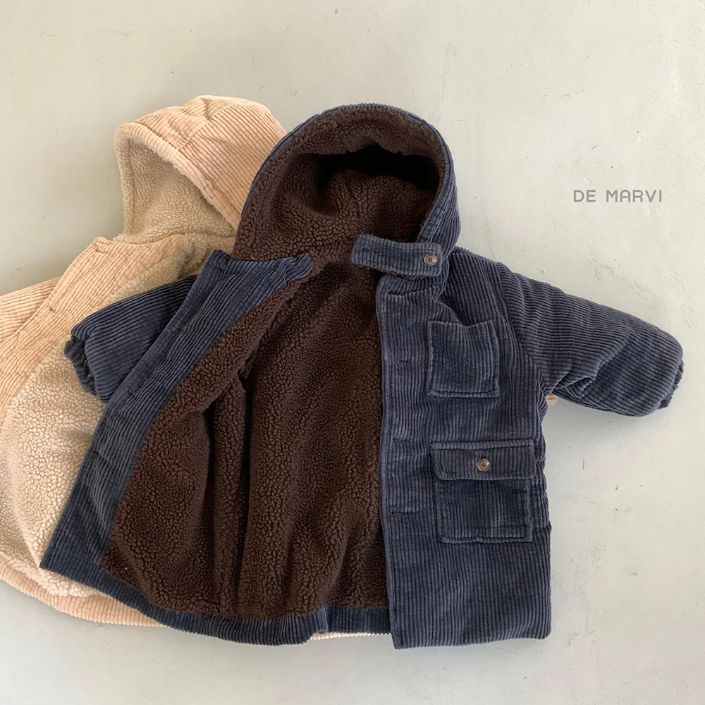 DE MARVI Kids Toddler Corduroy Dumble Fur Hoodie Coats Long Jackets Boys Girls Winter Clothes Korean Manufacturer MADE IN KOREA