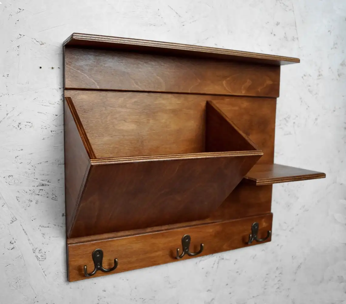 SINORHEMA Wooden Decorative Mail Holder with 3 Double Key Hooks Coat Rack Wall Mount Shelf with Hooks