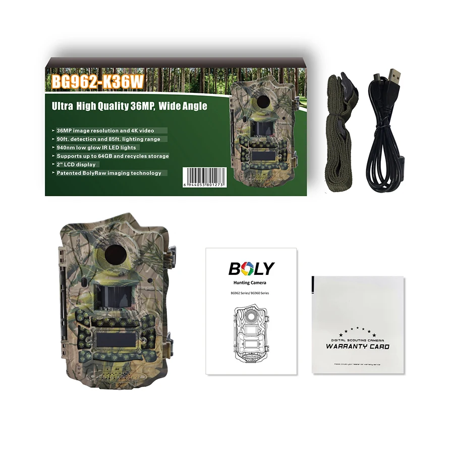 36MP 1080P Boly No Glow Scouting Cameras 110 Degree FOV 940nm Night Vision BG962-X36W Hunting Cam With Motion Sharp Technology