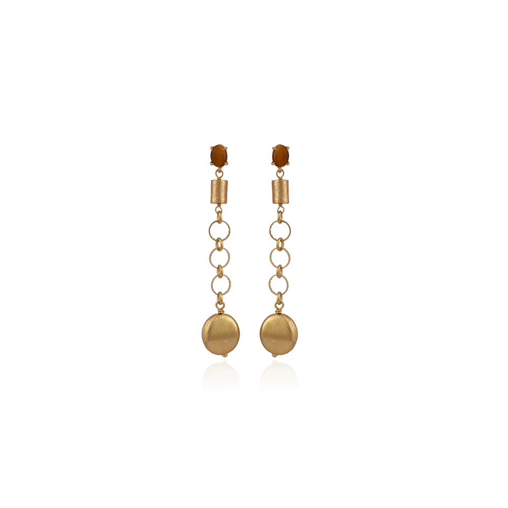 Tiger Eye And Wood Gemstones Stud Earring Oval Shape Stone Prong Setting Stud Earring Gold Plated Jewellery, Mode Joyas, E-1019.
