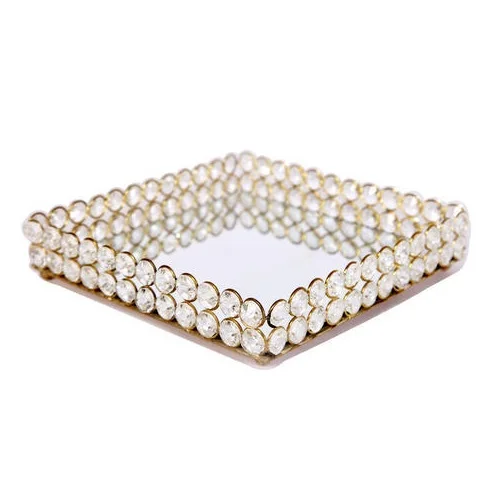 HIgh Quality Home Decor Luxury Glass Square Tableware Mirrored Gold Metal Serving Tray by OMEGA METALS INDIA