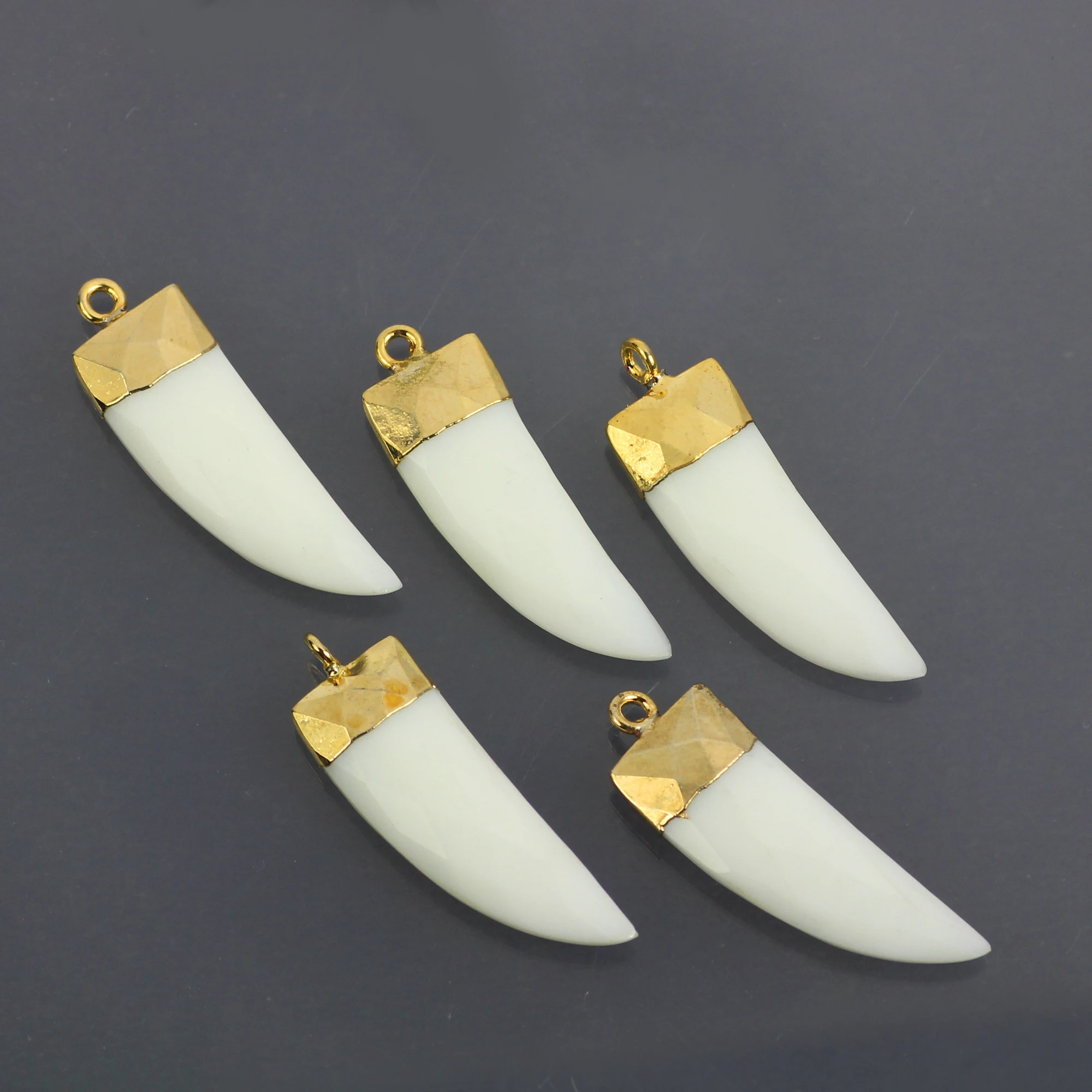 Faceted White Agate Drop Tusk Flat Pendant Horn Rainbow Tooth Spike Shape With Electroplated Gemstone Charms