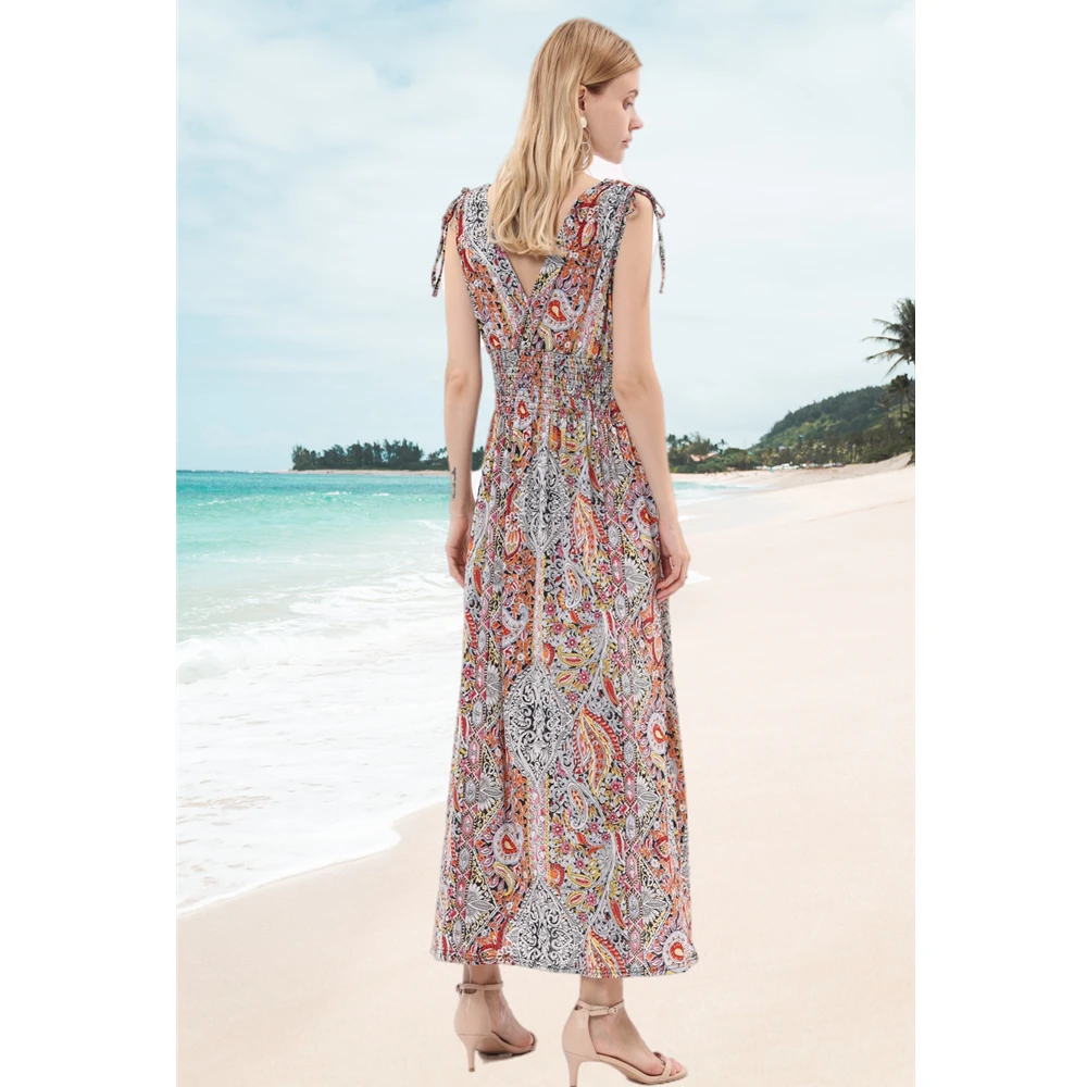 Latest Italian Design Extra Long Short Sleeve V Neck Sexy Summer Print Dress