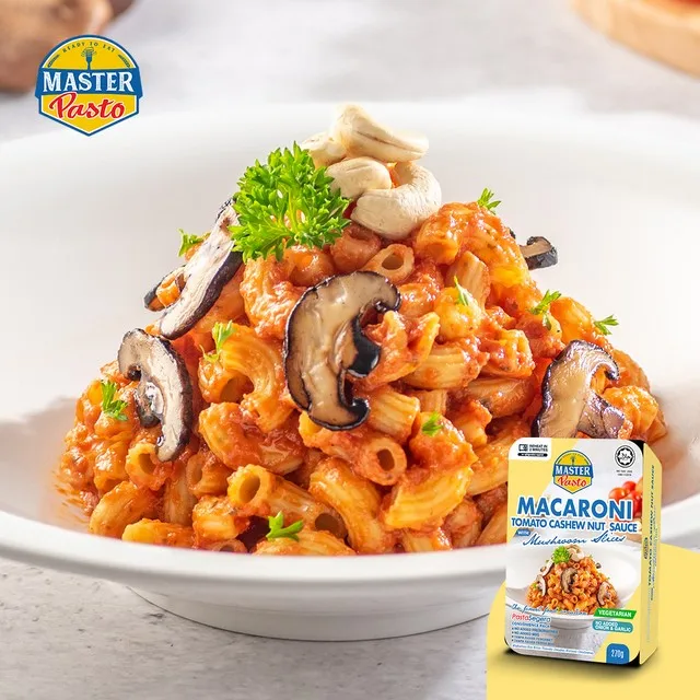 High quality easy prepare 3 minute restaurant-grade Vegetarian Macaroni Tomato Cashew Nut Sauce with Mushroom for dinner