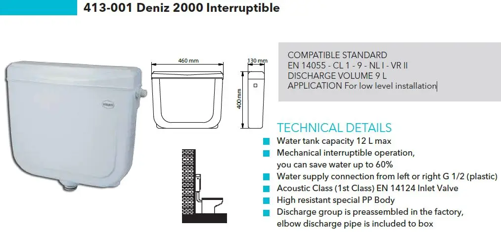 Deniz 2000 Interruptible Flush Plastic Cistern