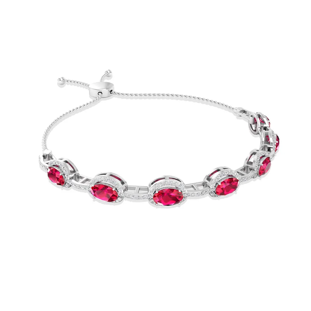 Oval Shape Ruby Station Bracelet, Halo Diamond Bolo Bracelet, IGI Certified Diamond Link Bar Bracelet