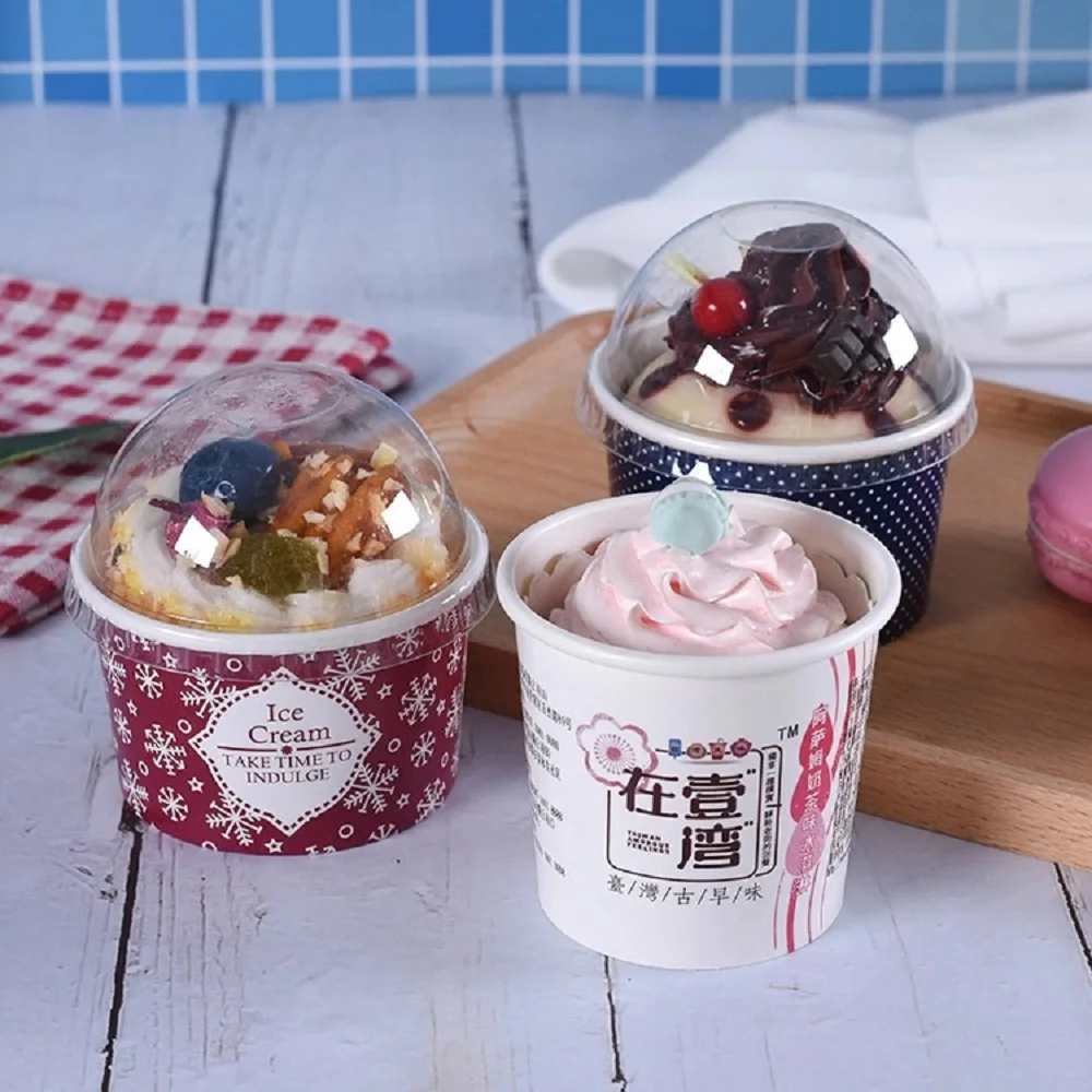 20oz Disposable Kraft Paper Ice Cream Bowls With Clear Lids